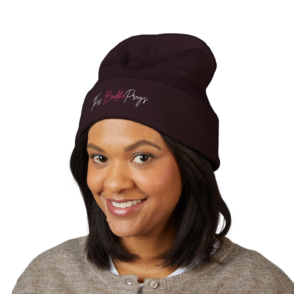 Embroidered Cuffed Beanie — 'The Bold Crazy' Script Knit Hat