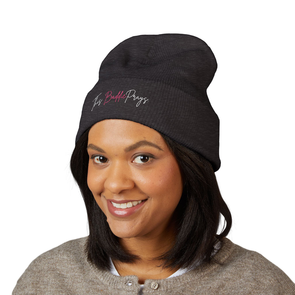 Embroidered Cuffed Beanie — 'The Bold Crazy' Script Knit Hat